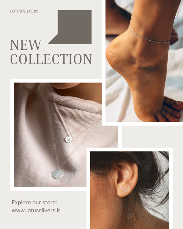 پوستر گوشواره نقره ، گردنبند نقره و پابند نقره مینیمال