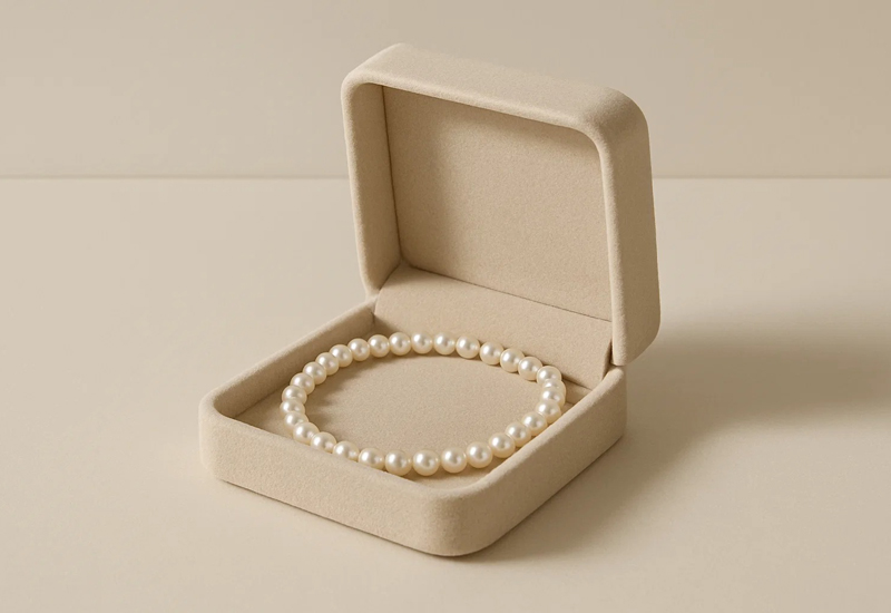 جعبه سفید حاوی زیورآلات مرواریدی