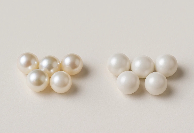 مقایسه مروارید اصل و تقلبی روی زمینه سفید